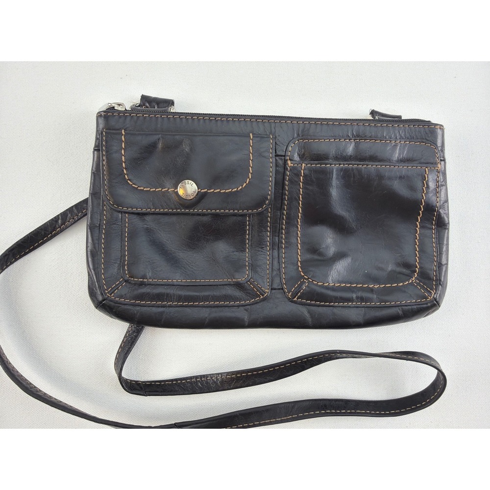 Fossil Crossbody Bag Women Small Black Leather Utility Y2K Travel